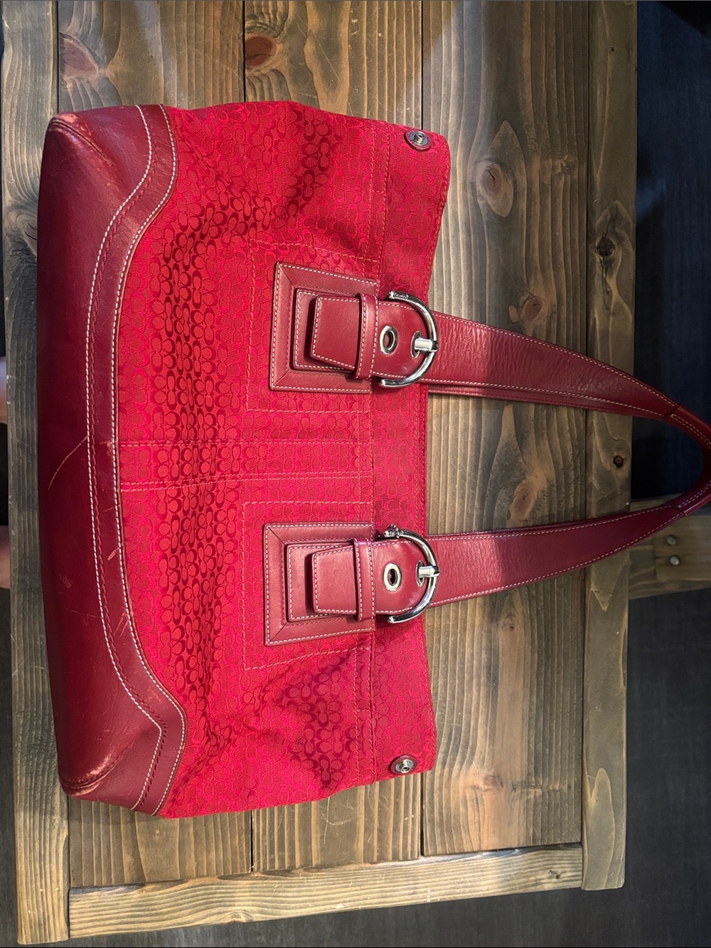 Coach Red Soho Signature Tote:  Canvas Shoulder Bag with Leather Trim